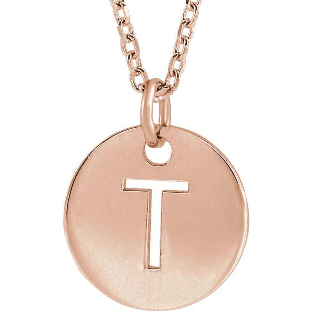 14k Rose Gold Initial T, Small 10mm Pierced Disc Necklace, 16-18 Inch